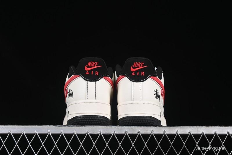 Nike Air Force 1 '07 Low Stussy Collaboration Black Stitch Red Swoosh Casual Sneakers - XS1958-518