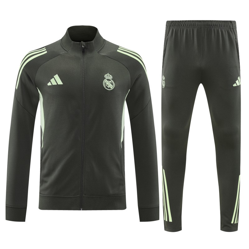 25/26 Real Madrid Dark Grey with Neon Green Stripes Half Zipper Jacket Tracksuit +Long Pants