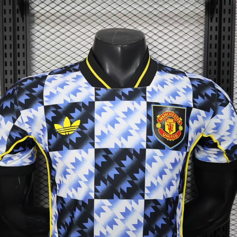 25/26 Player Version  Manchester United Blue and Black with Checkerboard Houndstooth Pattern Jersey