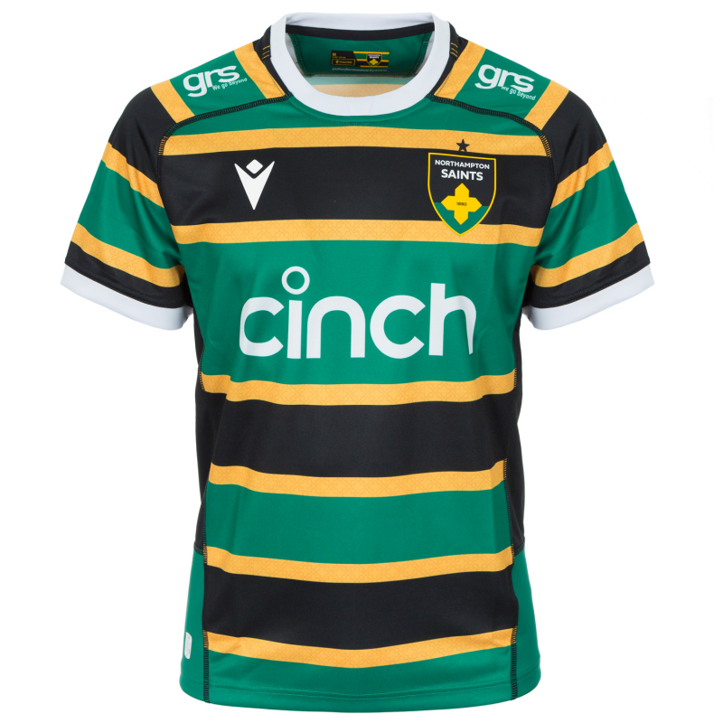 25/26 Northampton Saints Green with Gold and Black Hoops Home Jersey