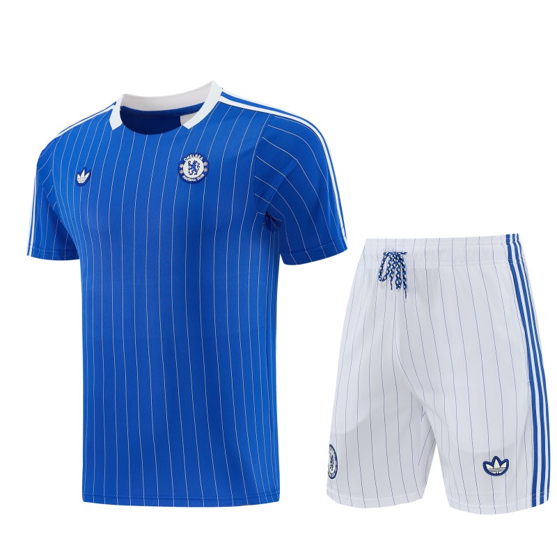 26/27 Chelsea FC  Blue  Stripes Short Sleeve+ White Soccer Shorts