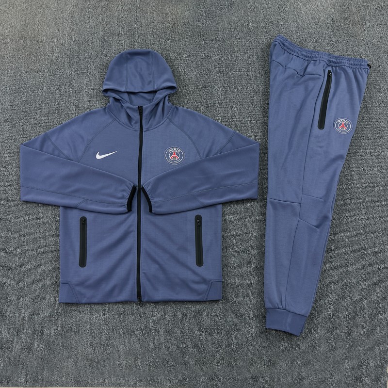 26/27  Paris Saint-Germain Steel Blue Full Zipper Hooded Jacket Tracksuit + Long Pants