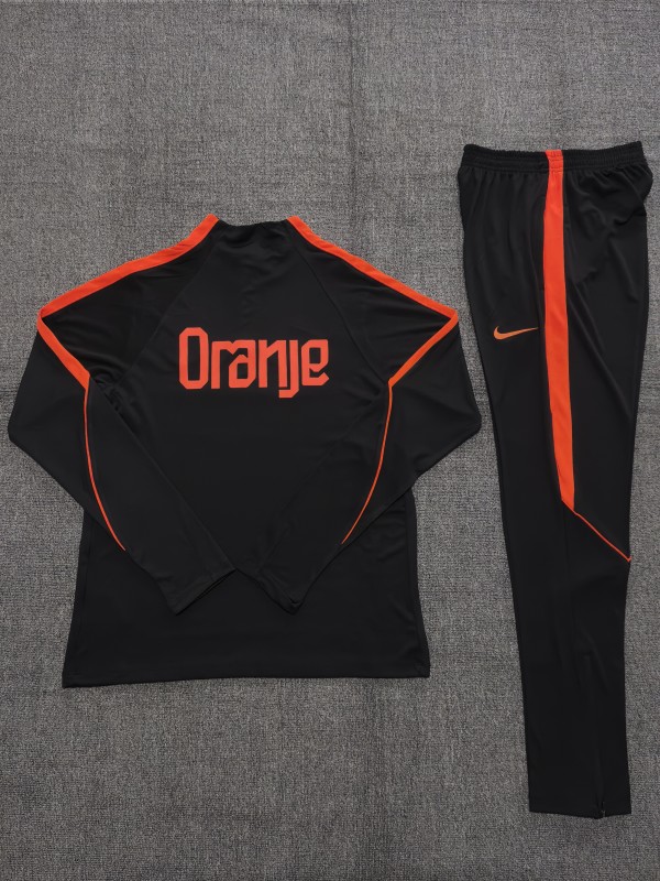 2026 Kids Netherlands Black & Orange  Half Zipper Jacket Tracksuit + Long Pants