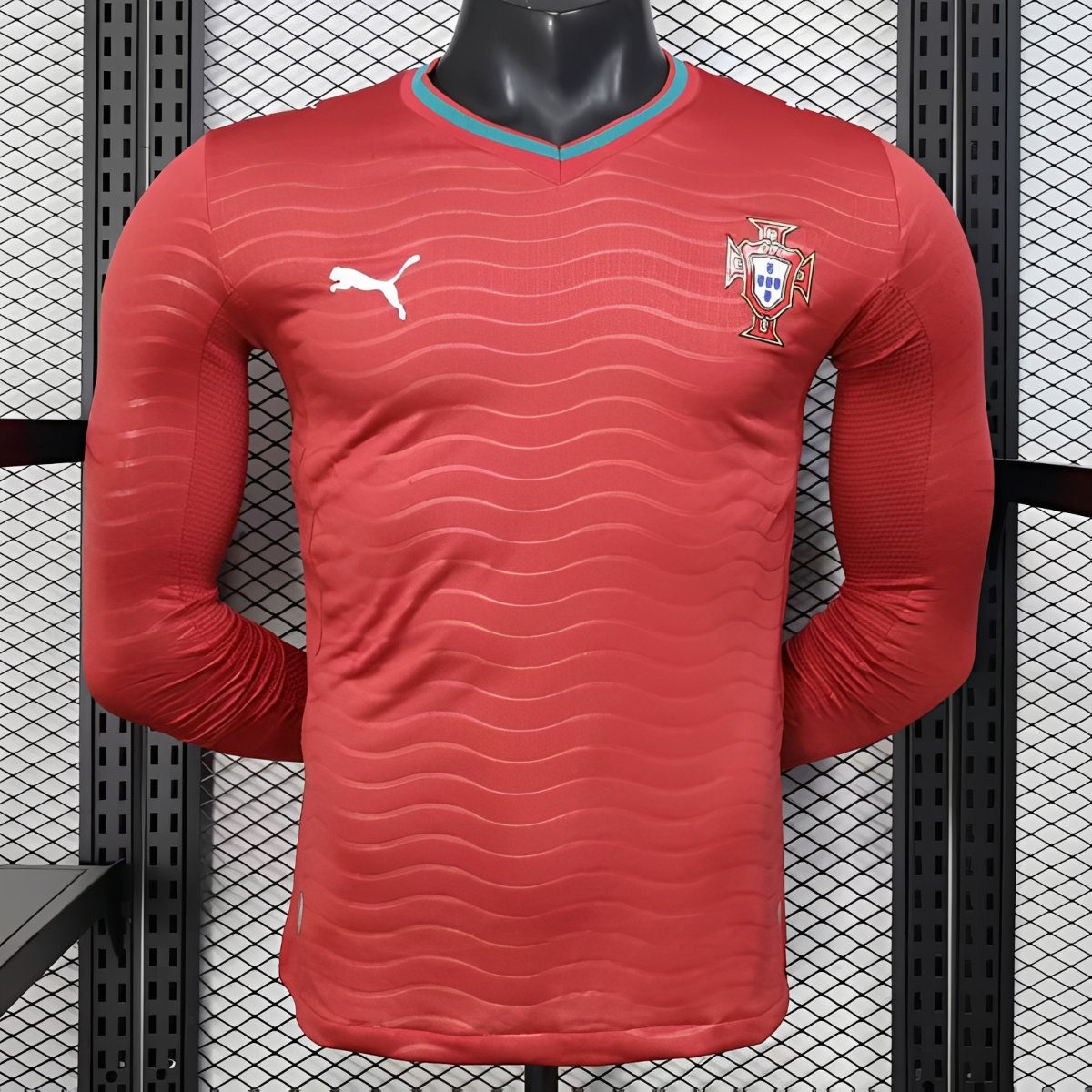 Player Version 2026 Portugal Home Long Sleeve Red with Horizontal Wave Pattern Jersey