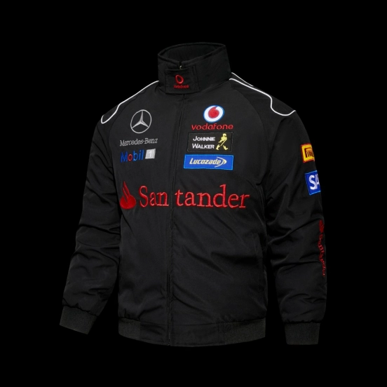 2026 F1 McLaren Mercedes-Benz Vodafone F1 Team Black Racing Jacket with Santander Mobil 1 Johnnie Walker Sponsor Patches